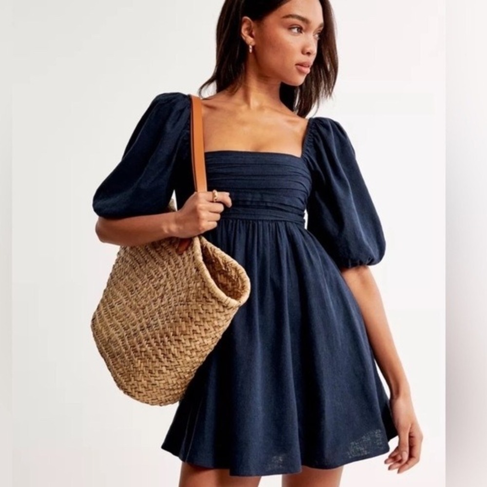 Abercrombie & Fitch Mini Dress Womens XS Navy Linen Blend Puff Sleeve Smocked
